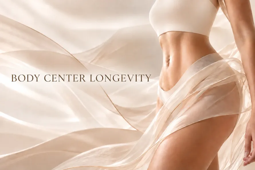 Corpo feminino envolto em tecido claro, imagem do programa Body Center Longevity